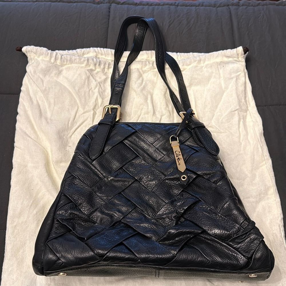 Cole Haan Prudence Black Leather Woven Shoulder Bag